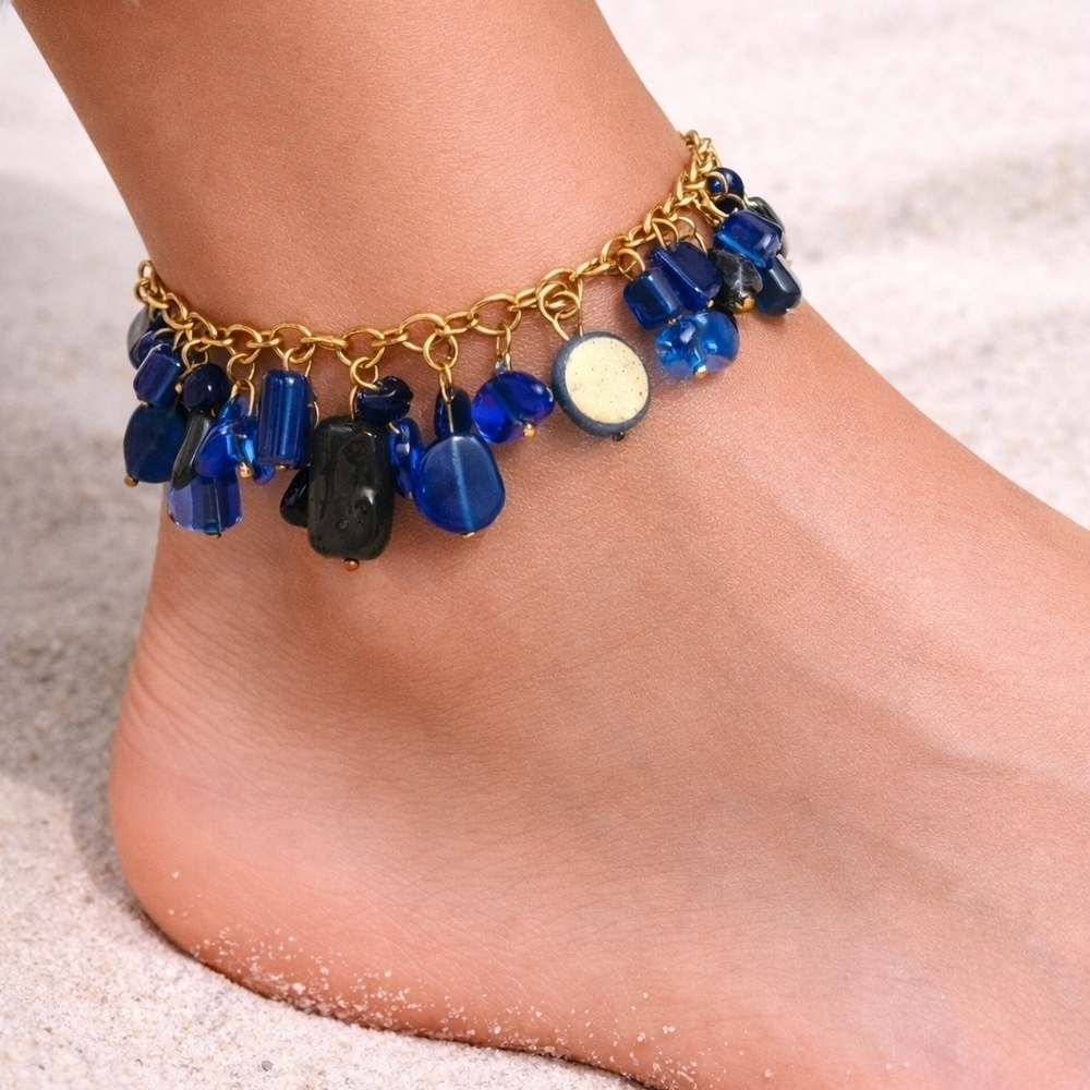 HANDMADE Cobalt Blue Czech Glass Bauble Cha Cha Chain Anklet Bracelet